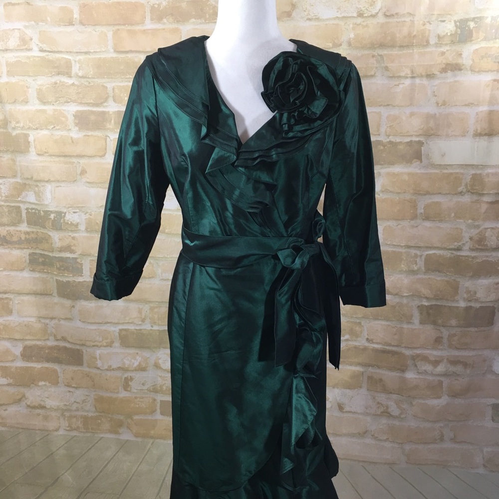 Teri Jon Emerald Green Satin Wrap Dress with Rosette